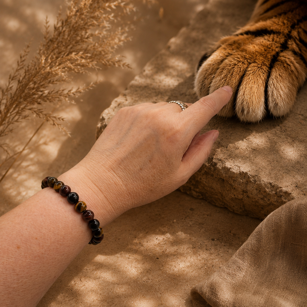 Damen Armband Tigerauge 8 mm Elastisch Arm by DAVUTA