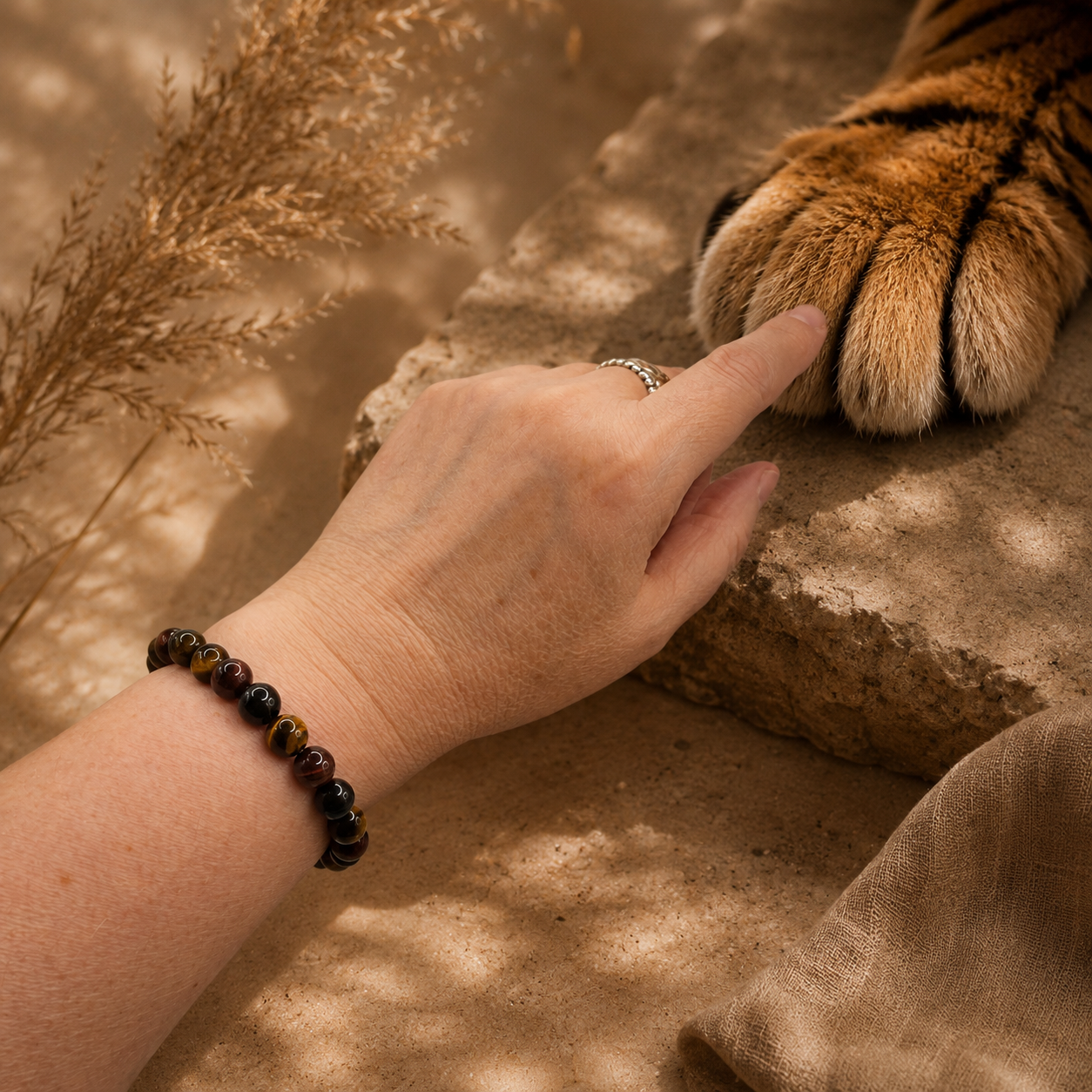 Damen Armband Tigerauge 8 mm Elastisch Arm by DAVUTA