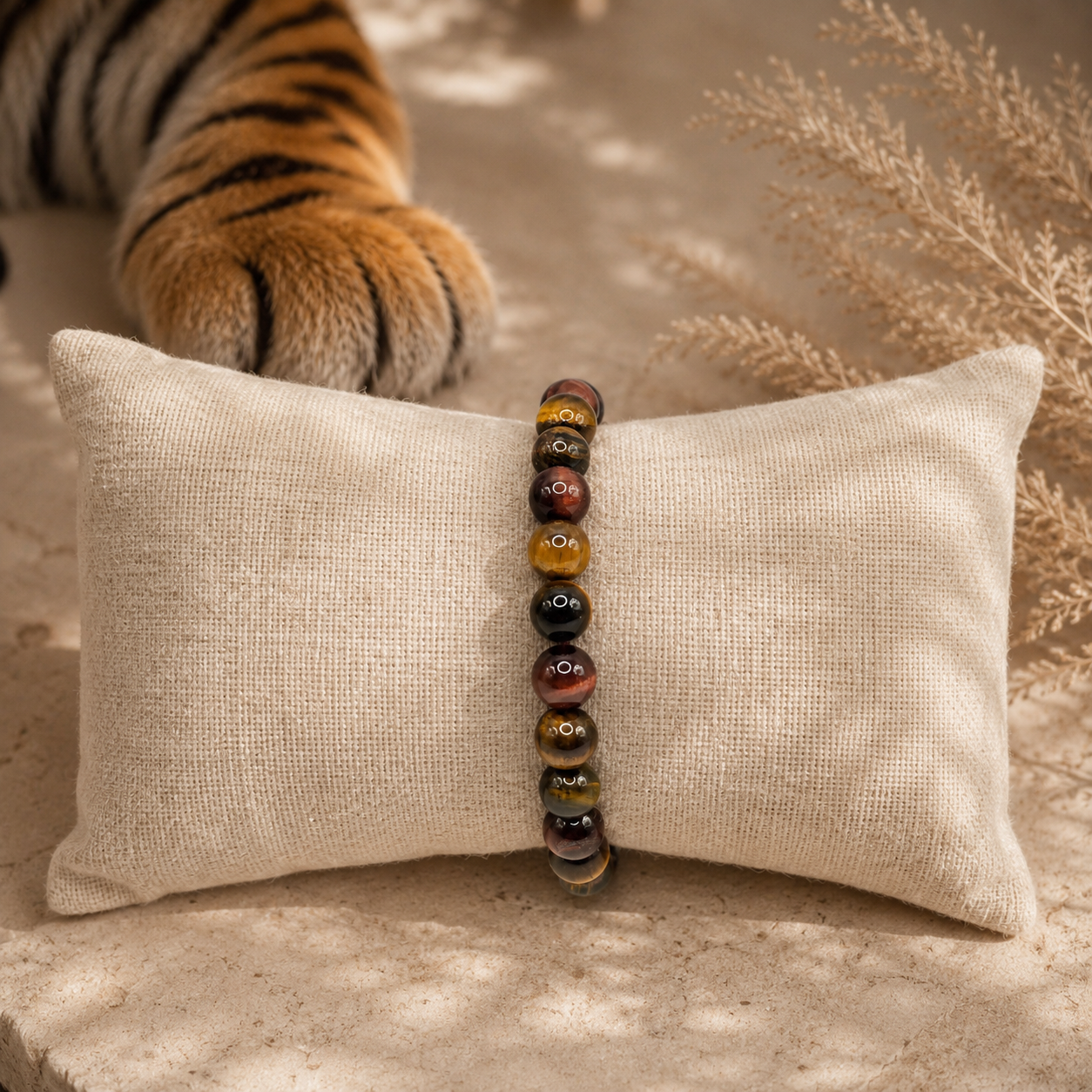 Damen Armband Tigerauge 8 mm Elastisch auf Kissen by DAVUTA