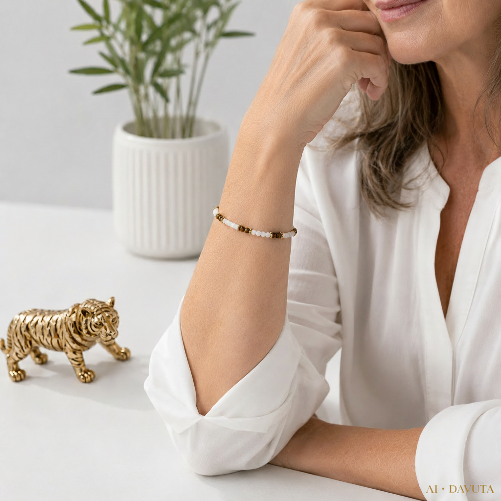 Damen Armband Tigerauge Perlmutt Edelstahl golden DAVUTA am Arm