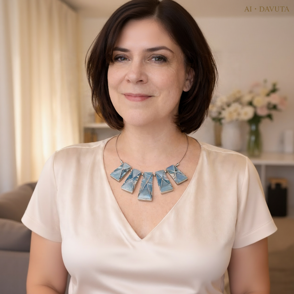 Damen Collier Draht mit blauem Perlmutt Schmuckelemten am Model by DAVUTA
