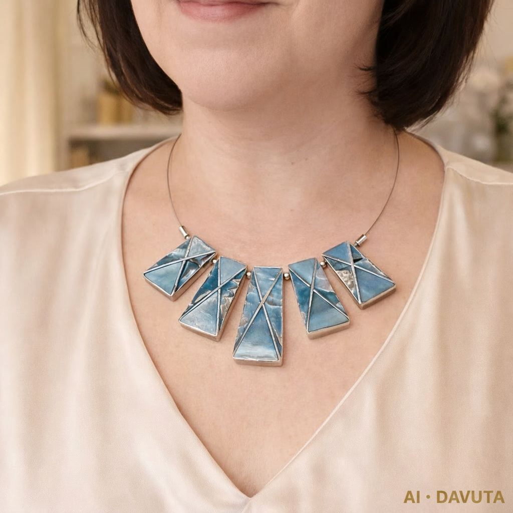 Damen Collier Draht mit blauem Perlmutt Schmuckelemten close up Model by DAVUTA