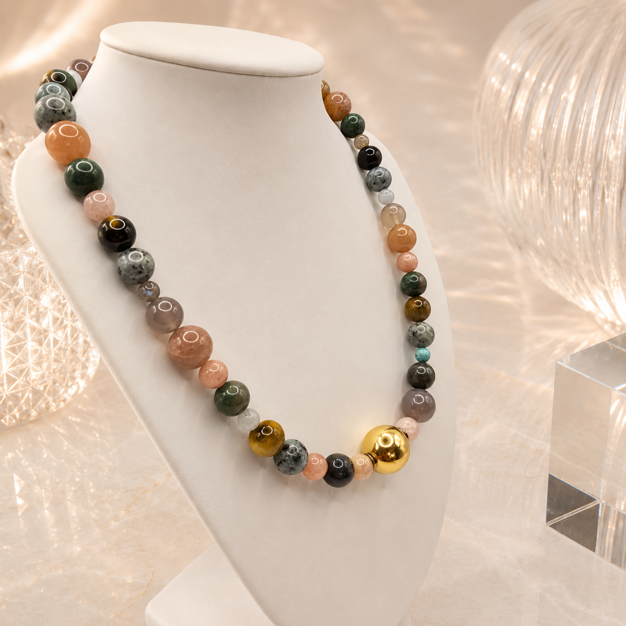 Damen Collier Edelsteinmix mit Verschlusskugel vergoldet  seitlich an Büste by DAVUTA
