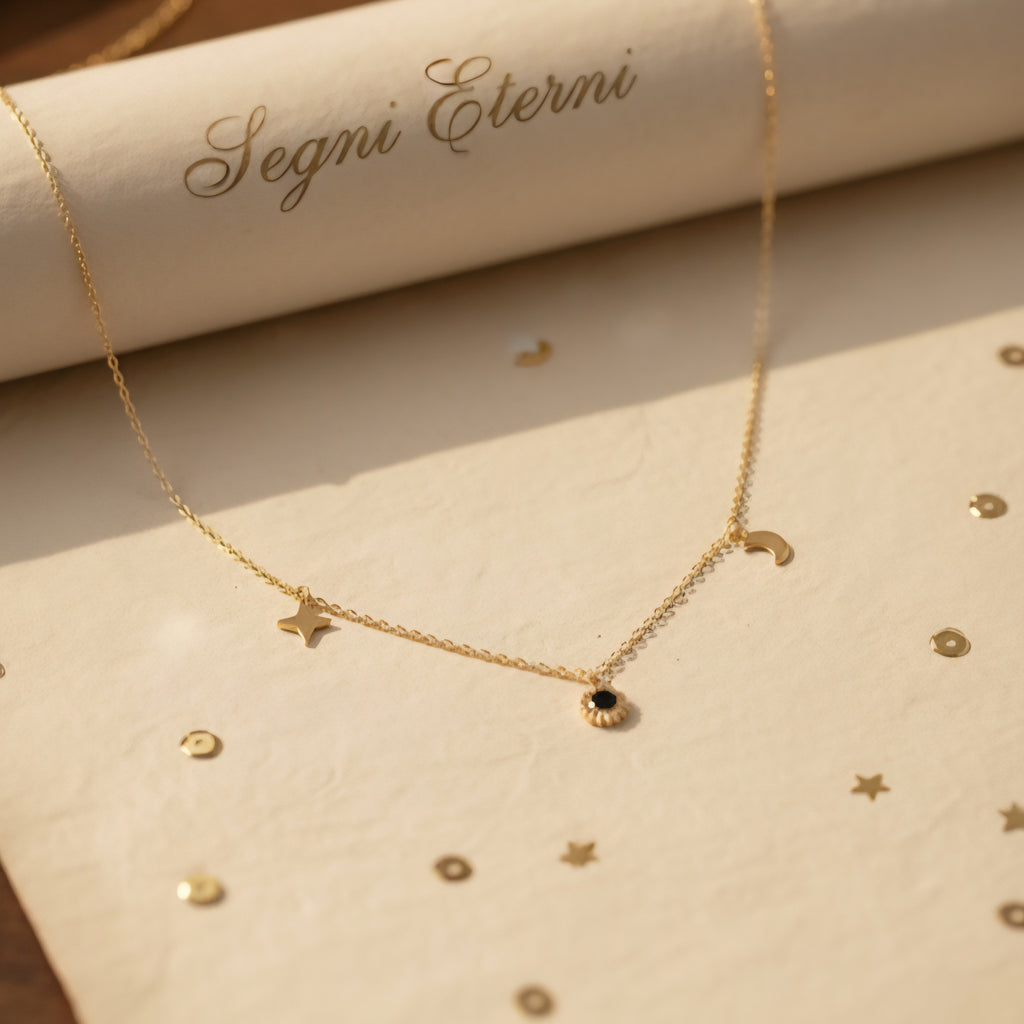 Collier Sonne Mond Stern vergoldet Kette kleine Anhänger Universo