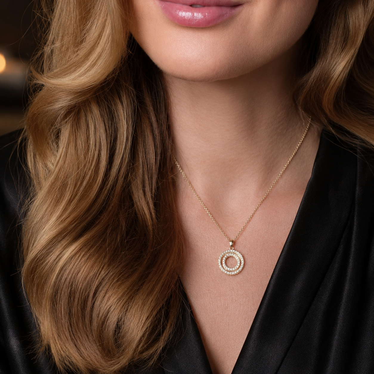 Damen Kette 4fach Kreis Gold Zirkonia am Model 1 by DAVUTA