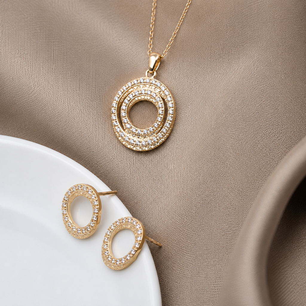 Damen Kette 4fach Kreis Gold Zirkonia mit Ohrstecker by DAVUTA