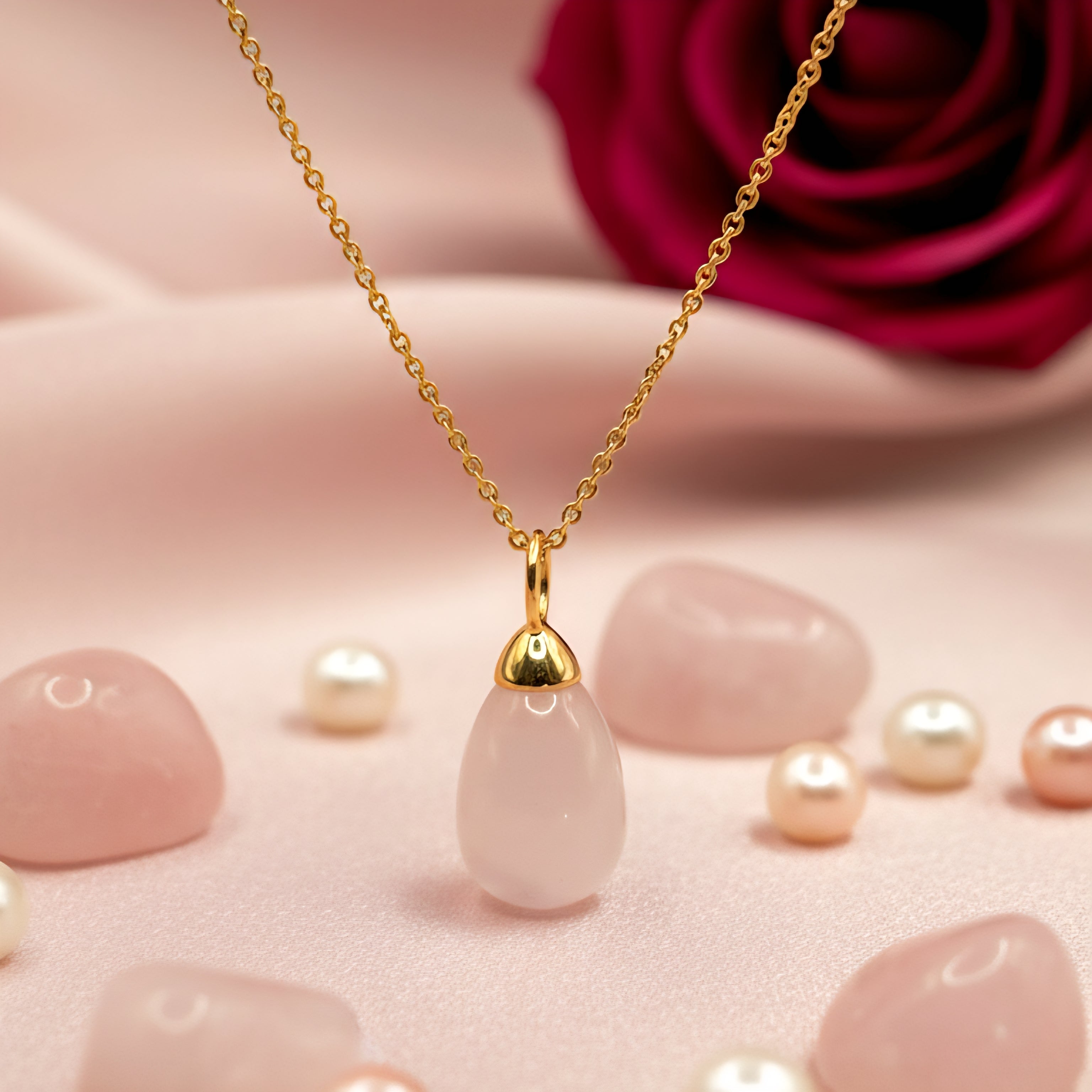 Kette Anhänger vergoldet Rosenquarz Tropfen by DAVUTA