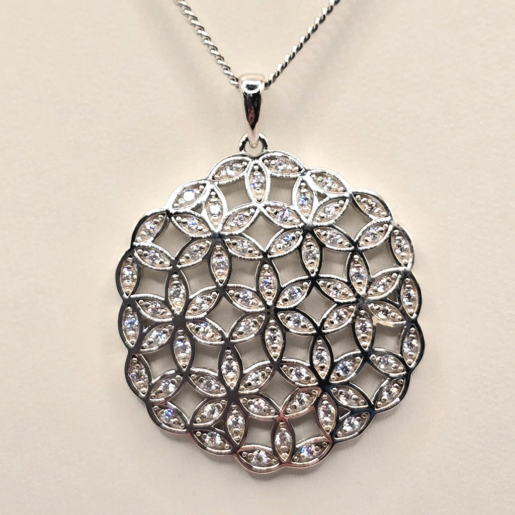 Damen Kette Blume des Lebens Silber mit Zirkonia Detail Anhänger