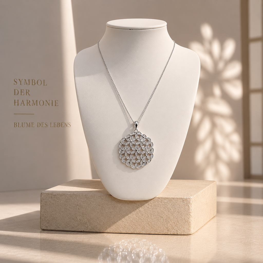 Damen Kette Blume des Lebens Silber mit Zirkonia an Büste