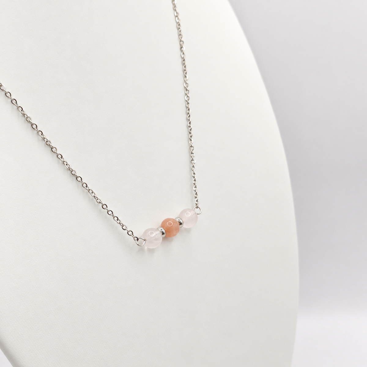 Damen Kette Colier Edelstahl silbergrau Rosenquarz Mondstein DAVUTA seitlich 2
