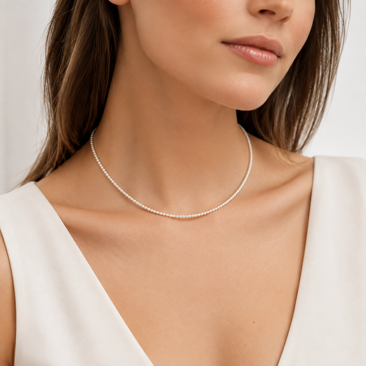 Damen Kette Collier Choker Silber Süßwasserperle DAVUTA am Model
