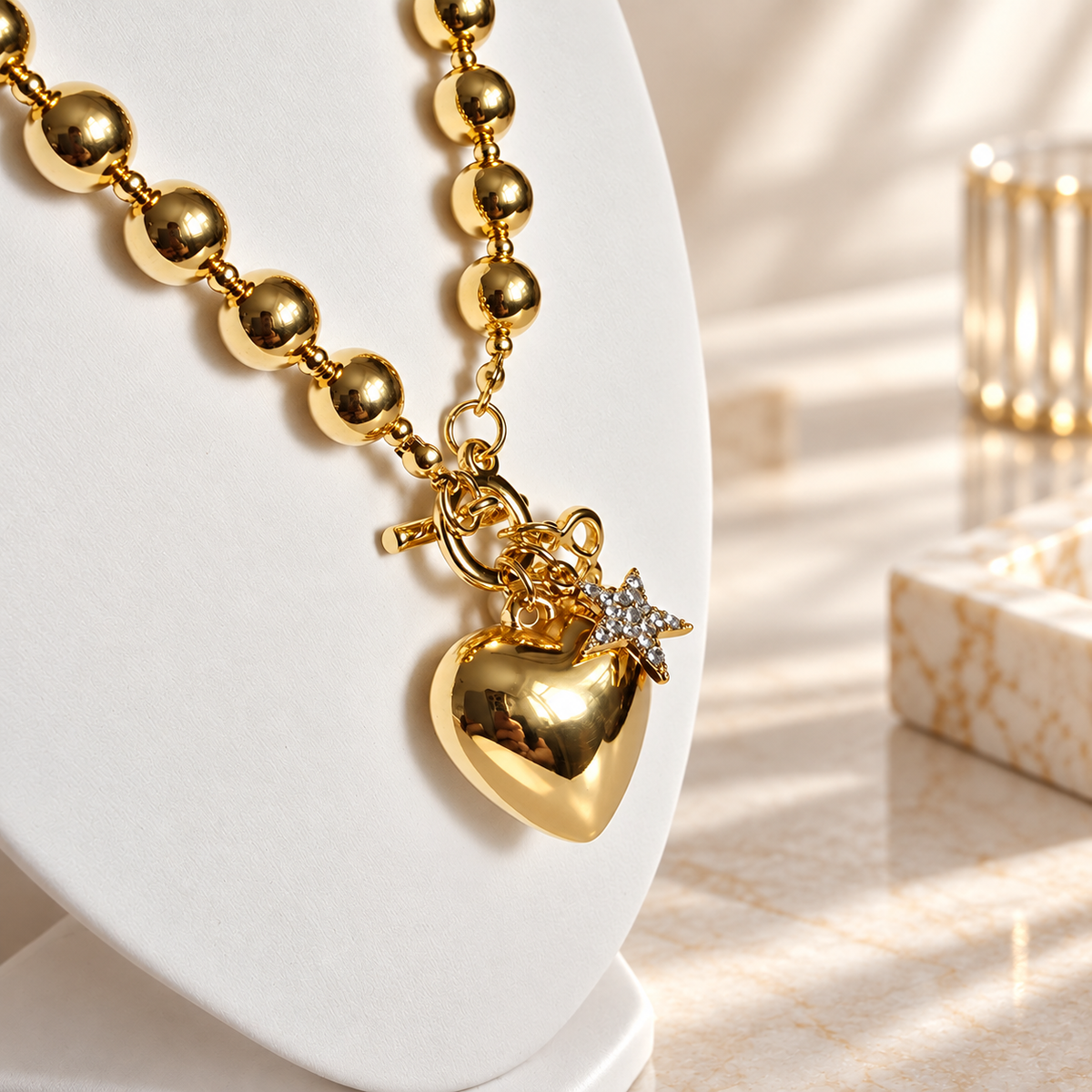 Damen Kette Herz Kugelkette Modeschmuck DAVUTA seitlich