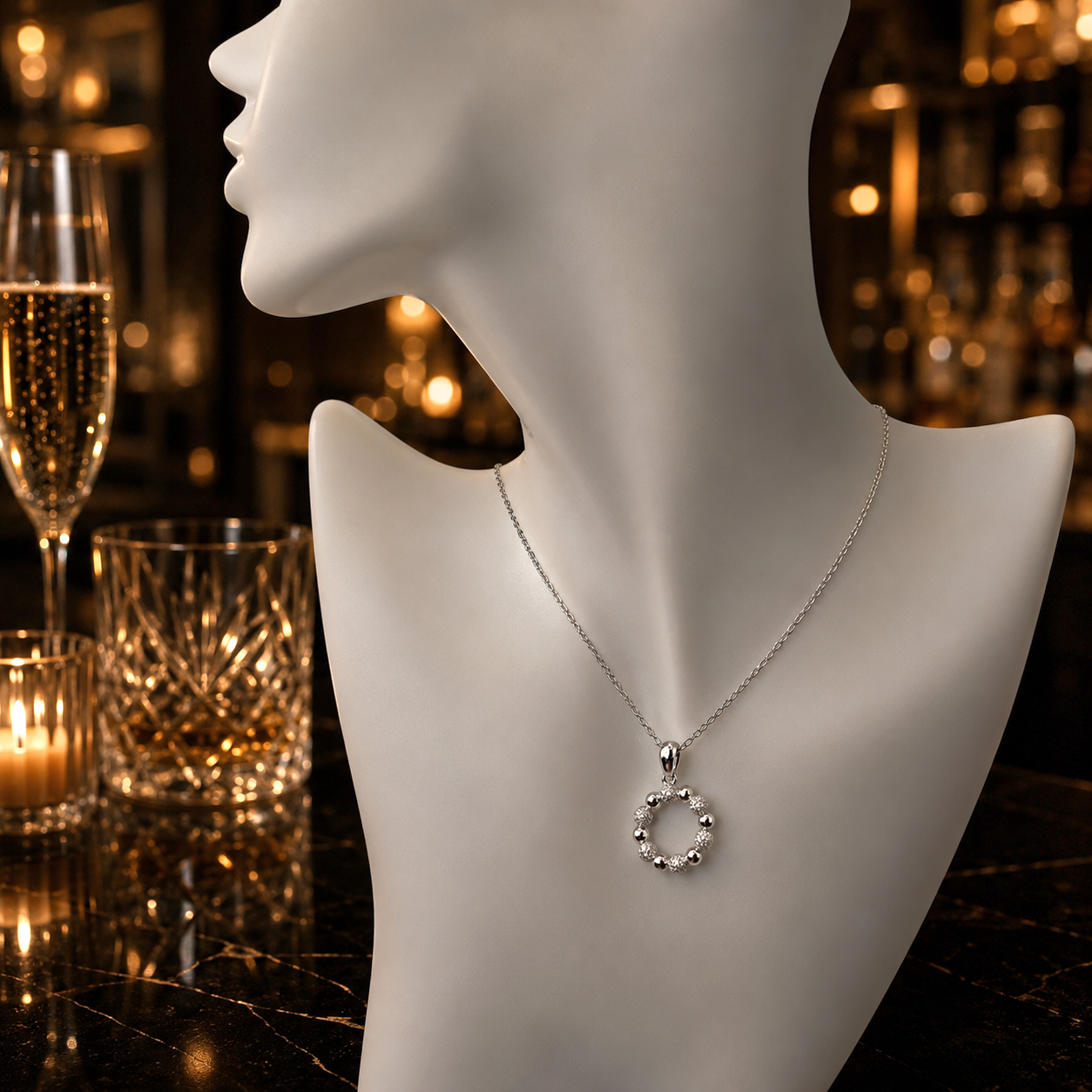 Damen Kette Kreis Kugen Silber mit Zirkonia an Büste by DAVUTA