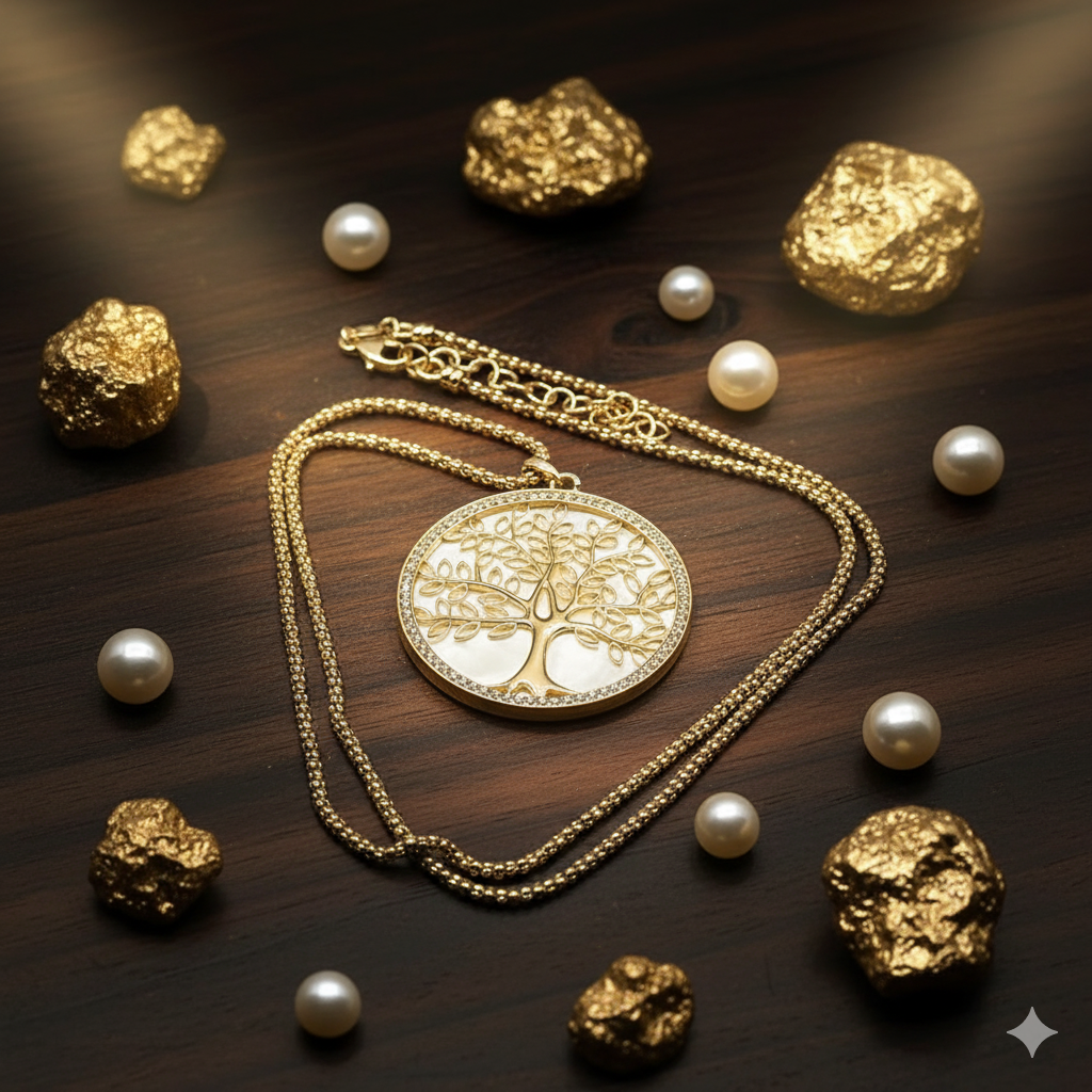 Damen Kette Lebensbaum mit Perlmutt vergoldet Himbeerkette