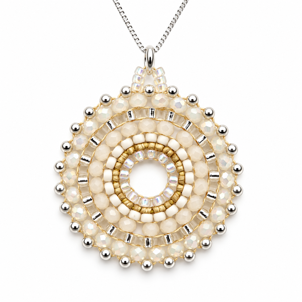 Damen Kette Mandala Silber Weiß Detail