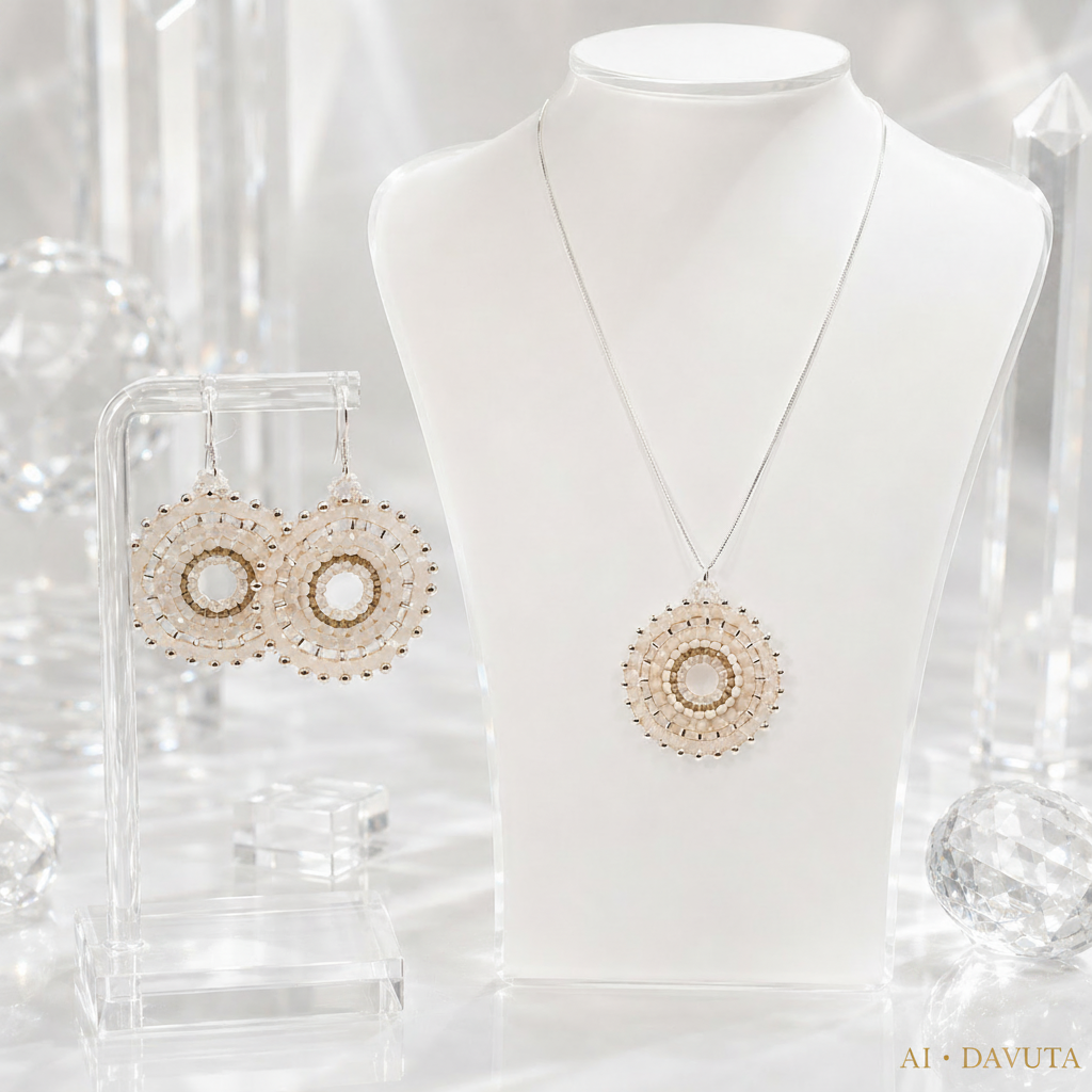 Damen Kette Mandala Silber Weiß im Set mit Ohrring by DAVUTA
