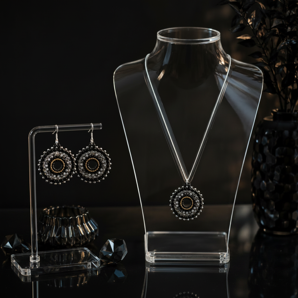 Damen Kette Mandala Silber schwarz  Set mit Ohrringen by DAVUTA