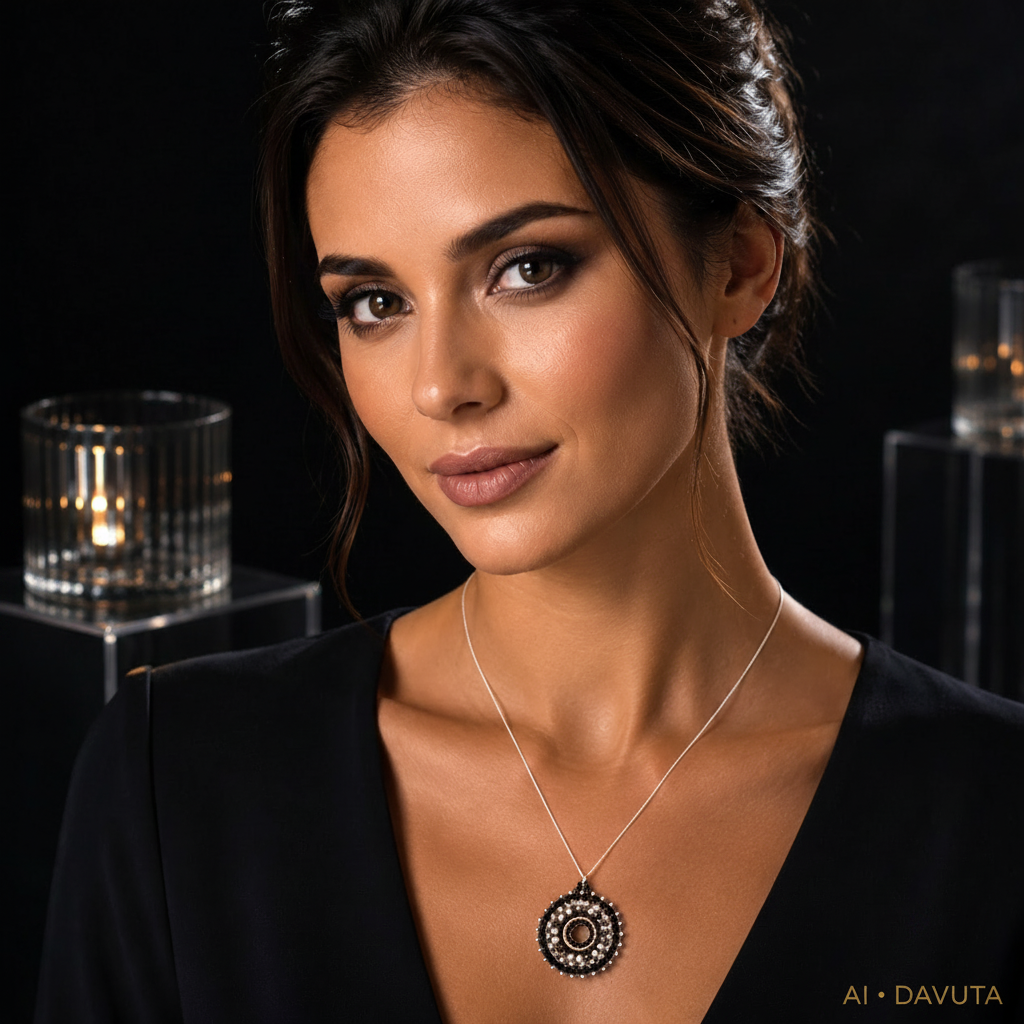 Damen Kette Mandala Silber schwarz am Model by DAVUTA