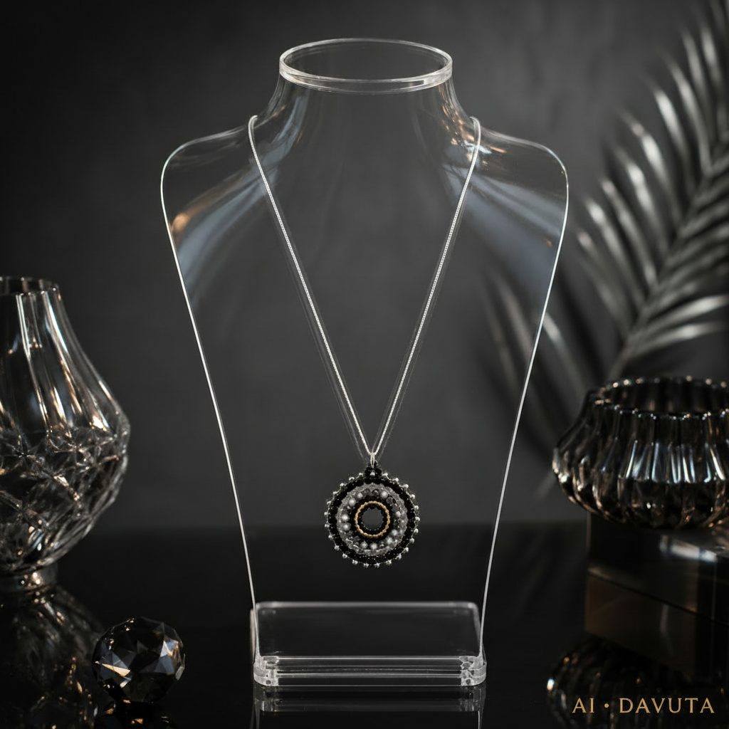 Damen Kette Mandala Silber schwarz  an Büste by DAVUTA