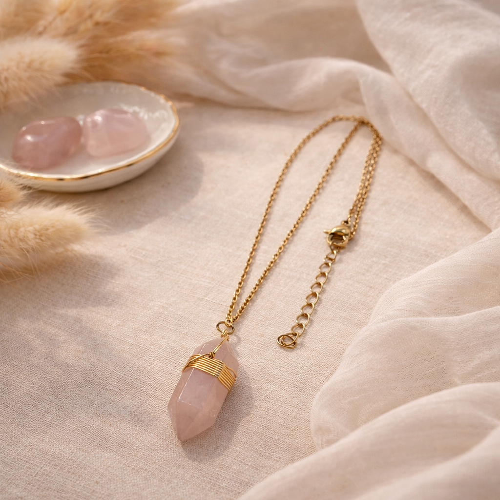 Damen Kette Rosenquarz Edelstahl golden Boho by DAVUTA