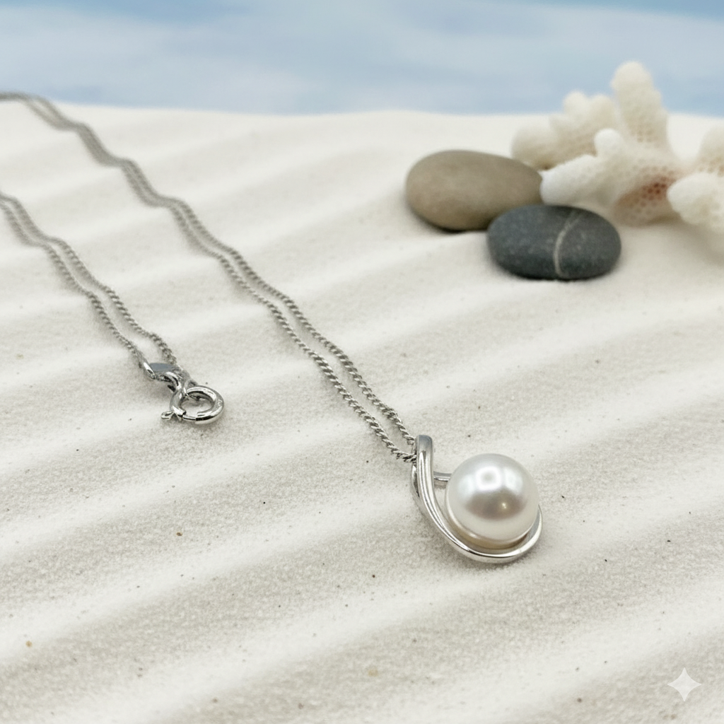 Zarte Damenkette in Silber mit Süsswasserperle im Sand