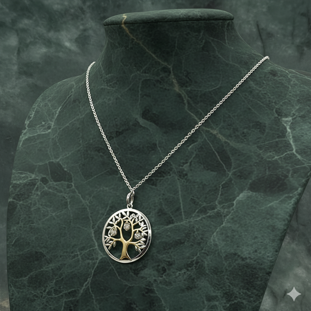 Damen Kette Baum des Lebens Silber mit Zirkonia und vergoldetem Stamm auf grüner Büste DAVUTA