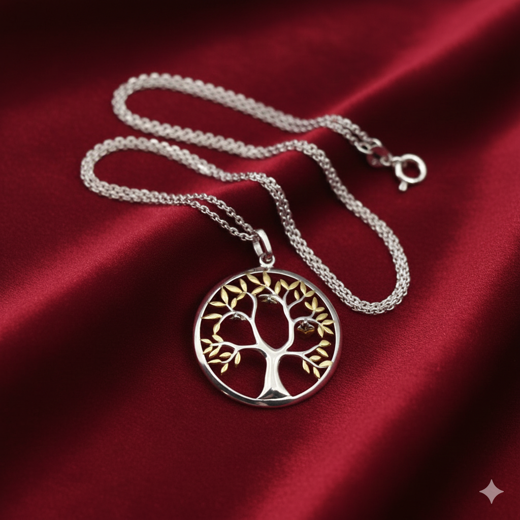Damen Ketten Anhänger Baum des Lebens mit vergoldeten Blättern und 3 Herzen im Baum