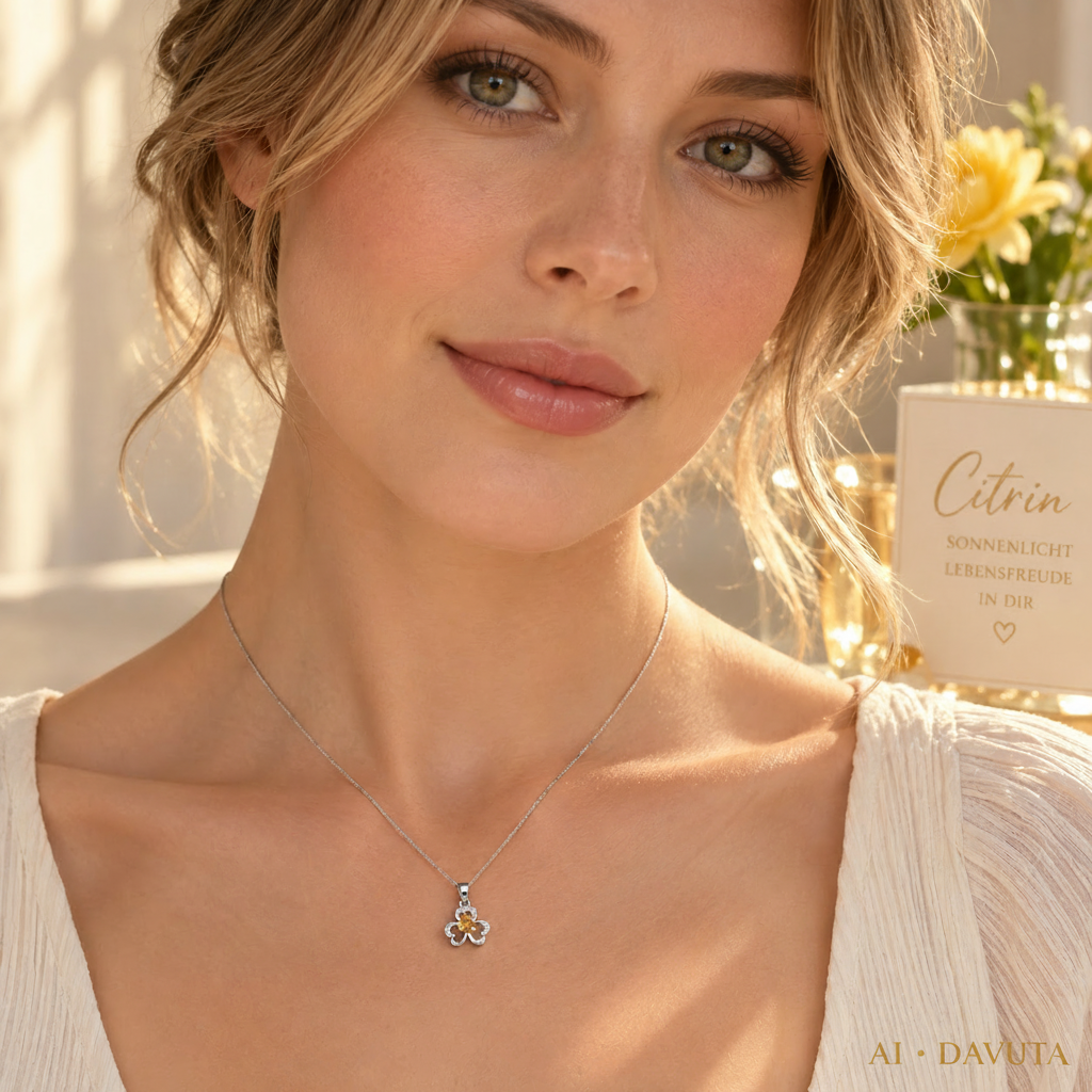 Damen Kette mit Anhänger Blume Citrin Silber DAVUTA am Model