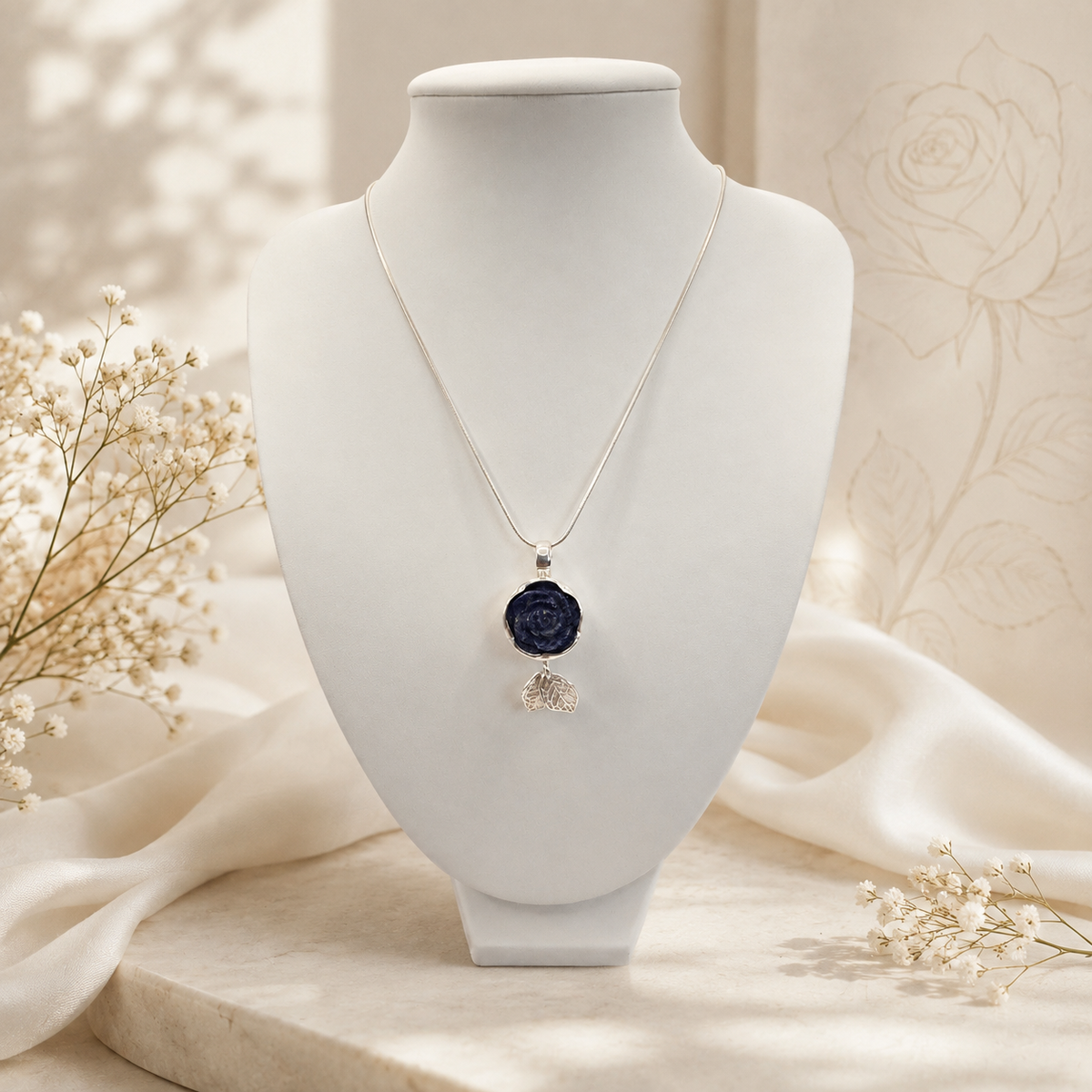 Damen Kette mit Anhänger Design Rose Sodalith silber an Büste by DAVUTA