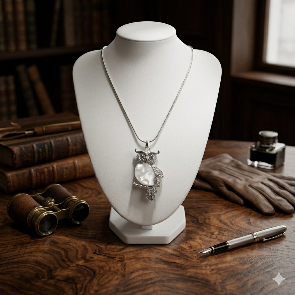 Damen Kette mit Anhänger Eule Messing versilbert weiß by DAVUTA