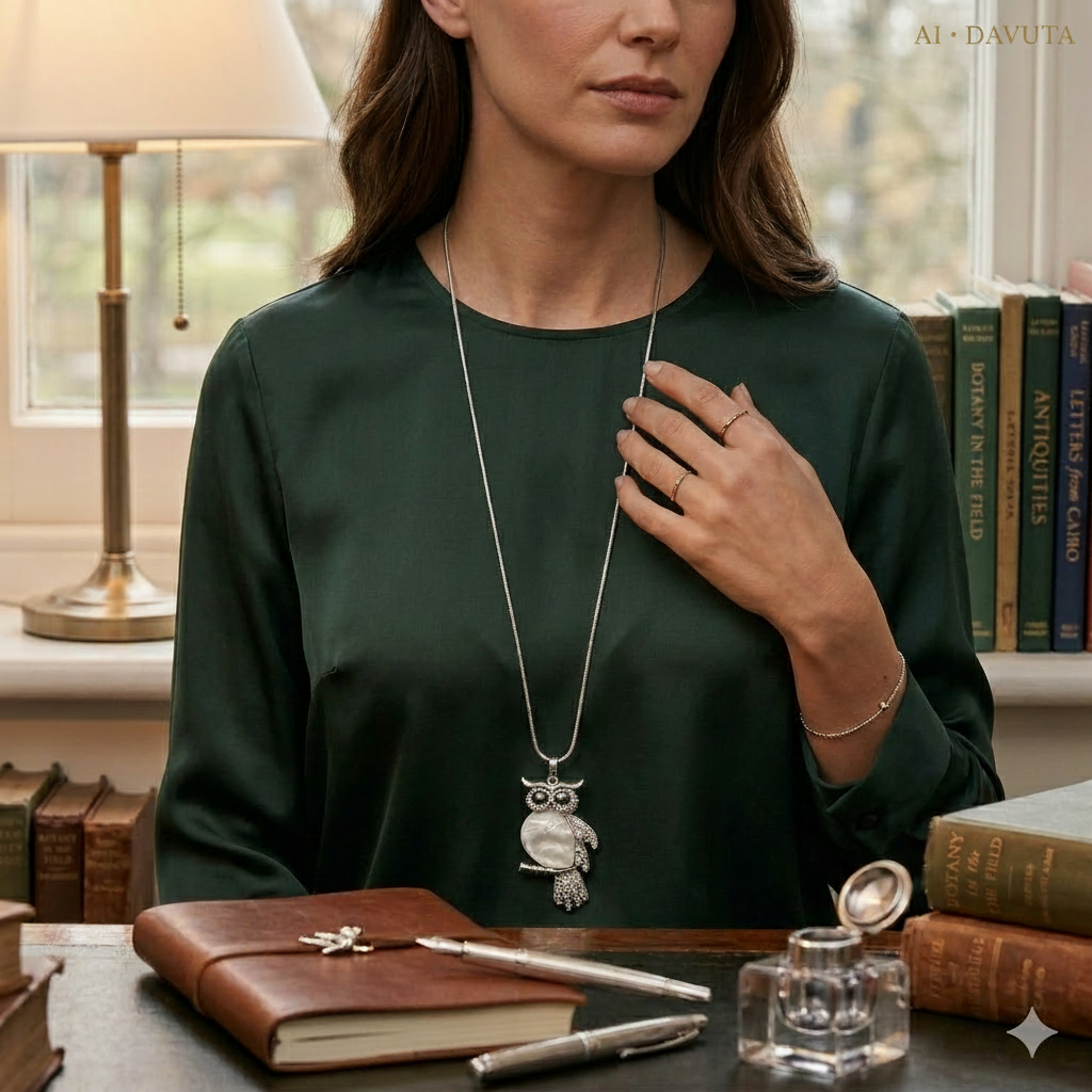 Damen Kette mit Anhänger Eule Messing versilbert weiß am Model 1 by DAVUTA