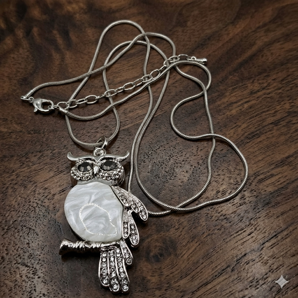 Damen Kette mit Anhänger Eule Messing versilbert weiß liegend by DAVUTA