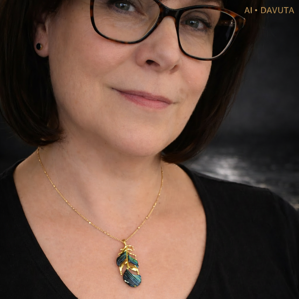 Damen Kette mit Anhänger Feder Messing vergoldet Abalone am Model by DAVUTA