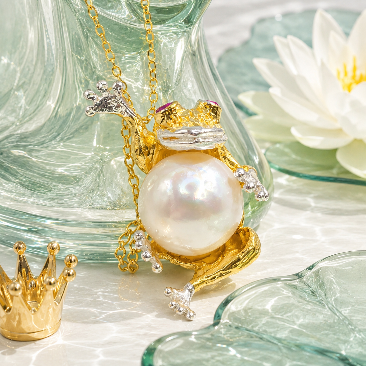 Damen Kette mit Anhänger Froschkönig Silber Vergoldet Detail 2