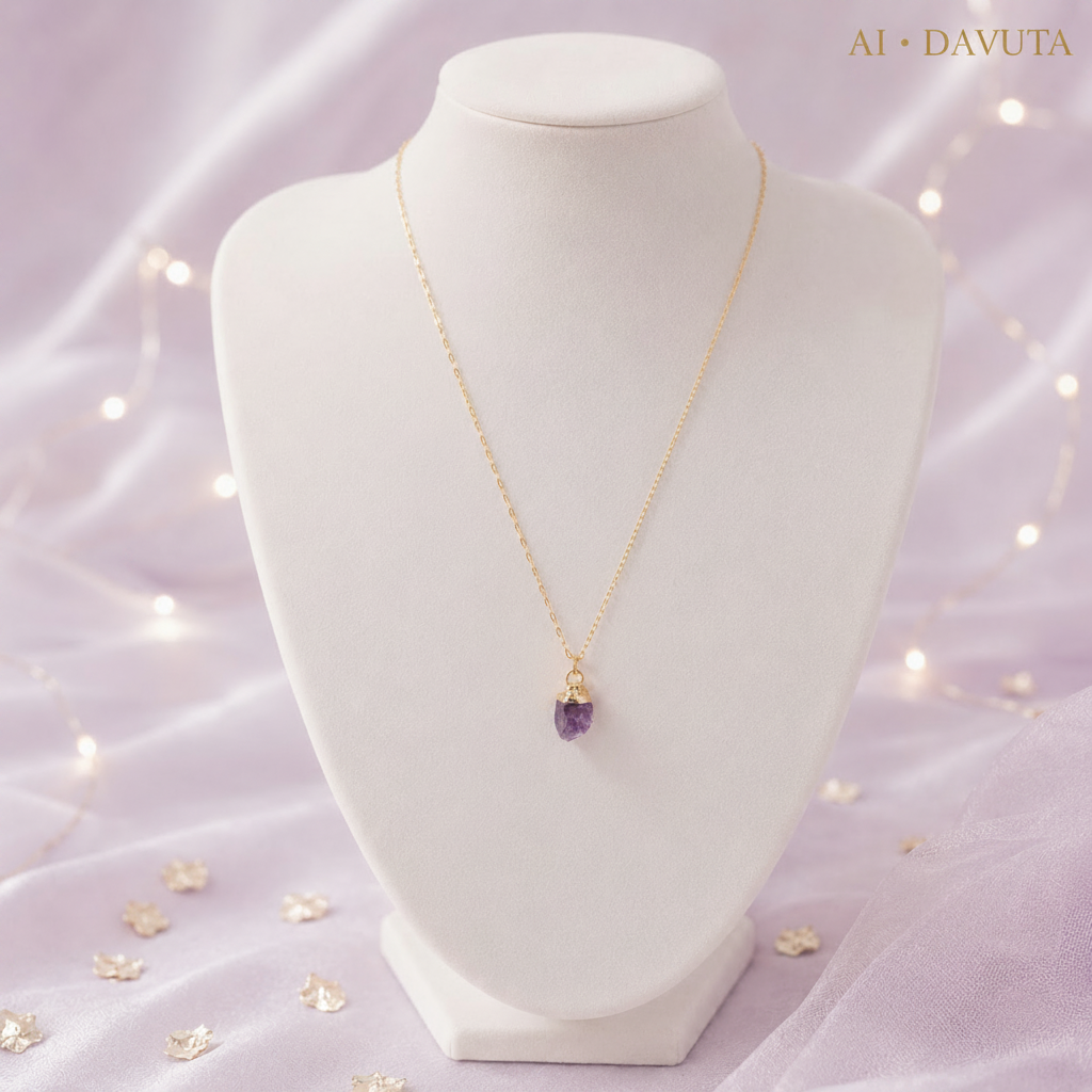 Damen Kette mit Anhänger Geburtsstein Februar Amethyst vergoldet DAVUTA an Büste