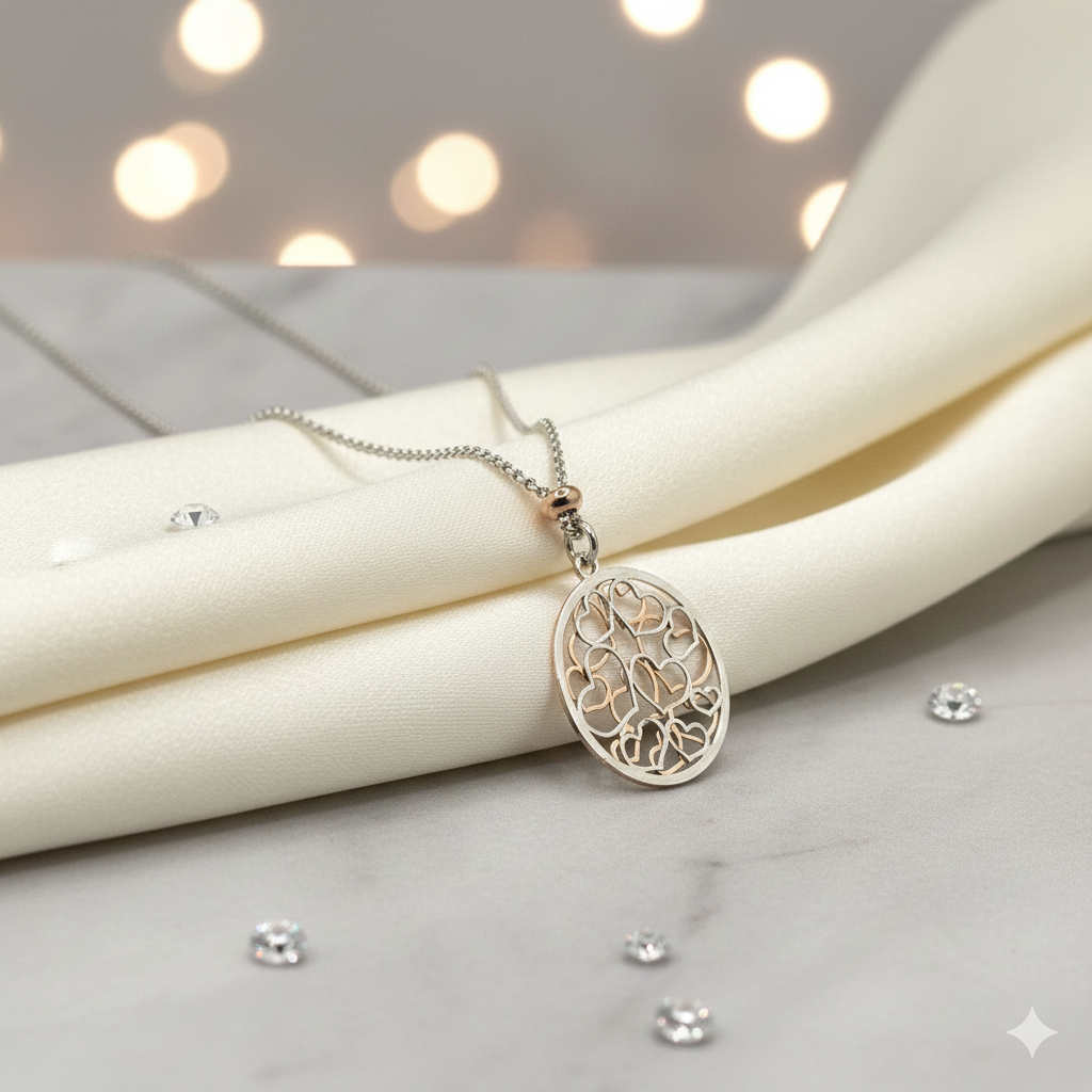 Damen Kette mit Anhänger Herzen in Kreis in silber und rosévergoldet lange 80 cm Kette DAVUTA