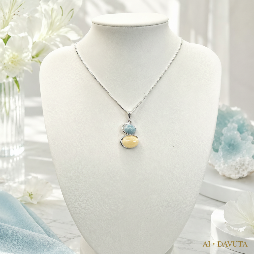 Damen Kette mit Anhänger Larimar Bernstein Silber an Büste by DAVUTA