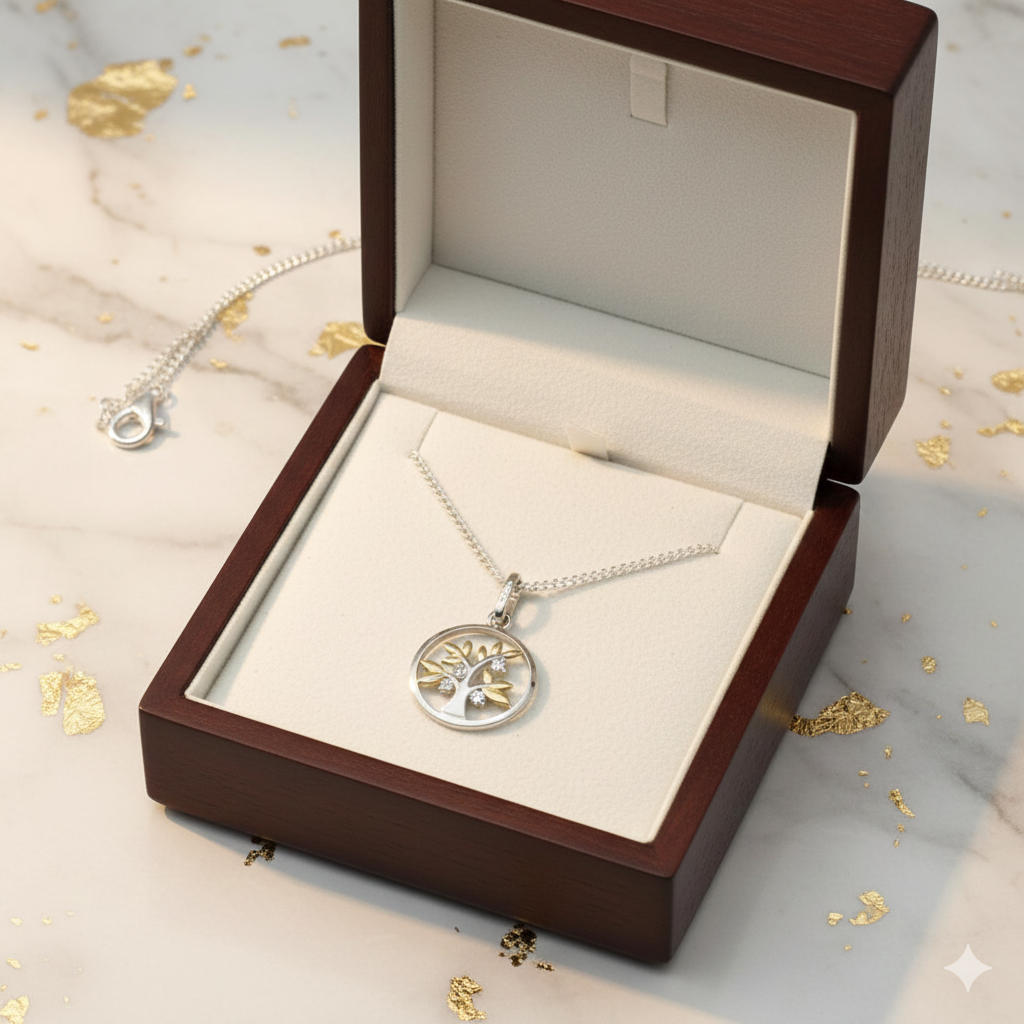 Damen Kette Baum des Lebens klein mit gvergoldeten Blättern und Zrkonia in Silber