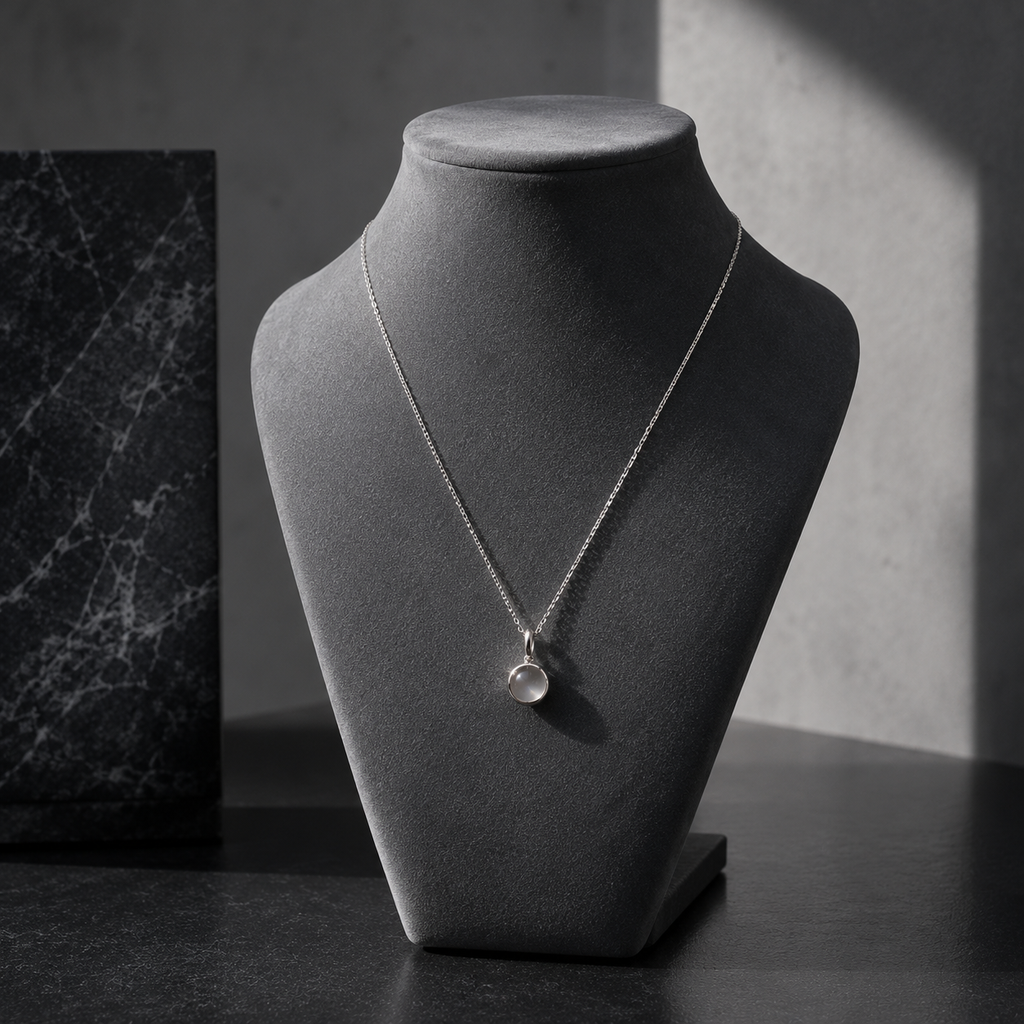 Damen Kette mit Anhänger Mondstein rund klein Silber an Büste by DAVUTA