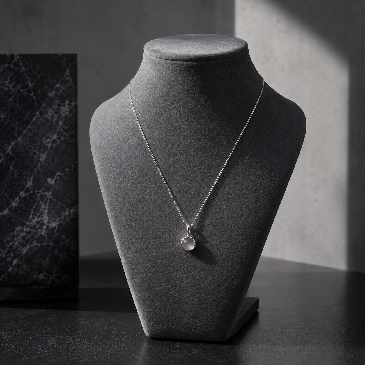 Damen Kette mit Anhänger Mondstein rund klein Silber an Büste by DAVUTA
