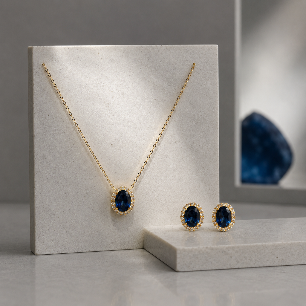 Damen Kette mit Anhänger Oval Silber vergoldet blauer Zirkonia by DAVUTA