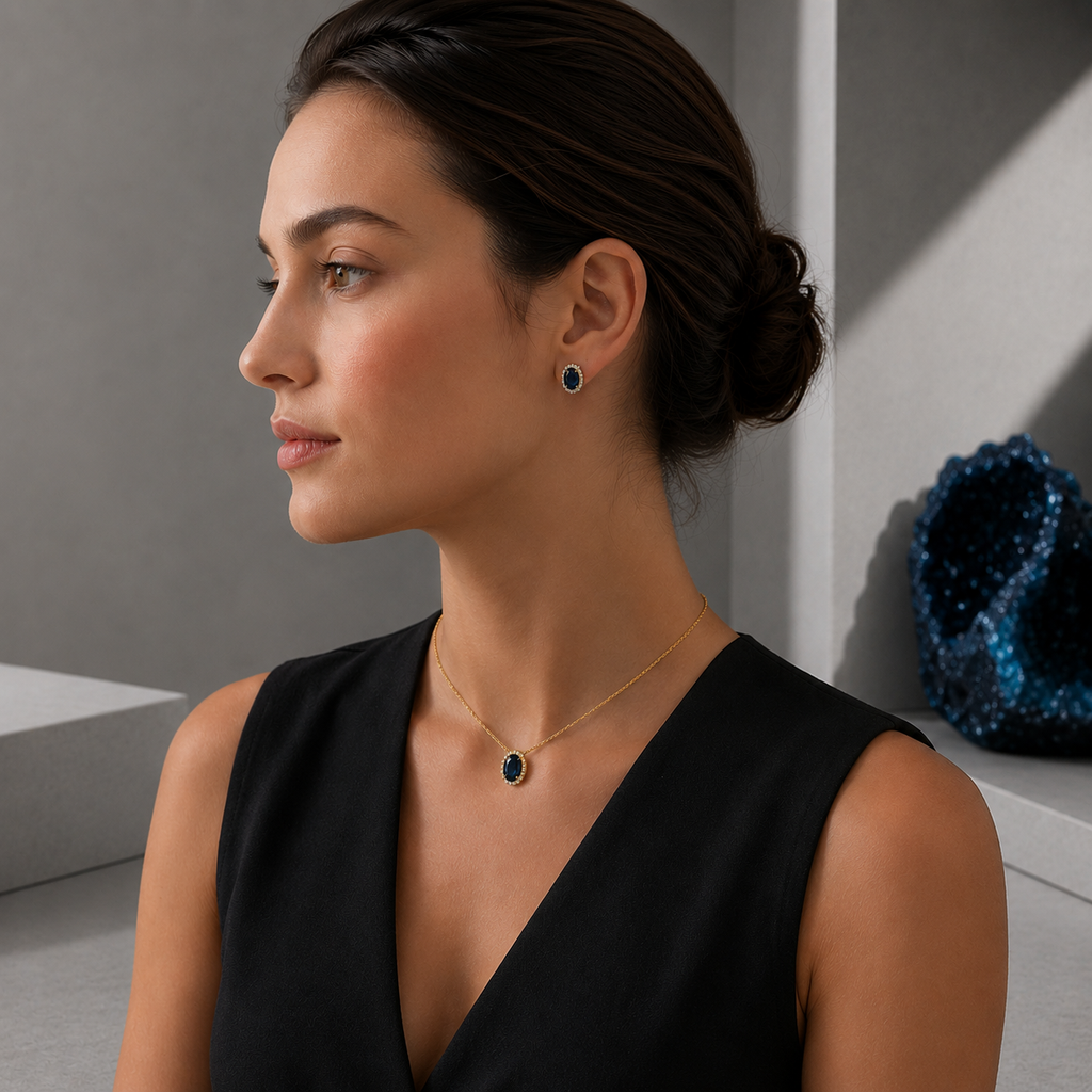 Damen Kette mit Anhänger Oval Silber vergoldet blauer Zirkonia am Model by DAVUTA