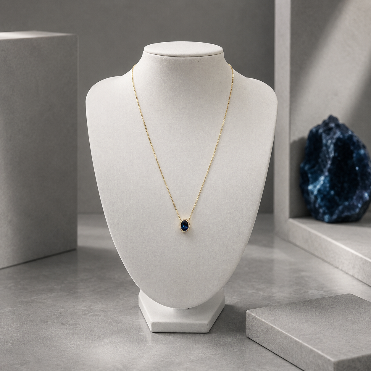 Damen Kette mit Anhänger Oval Silber vergoldet blauer Zirkonia an Büste