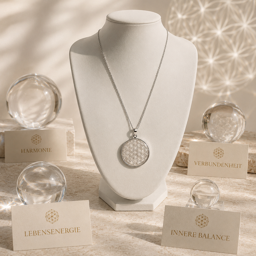 Damen Kette mit Anhänger Perlmutt Blume des Lebens Silber an Büste by DAVUTA