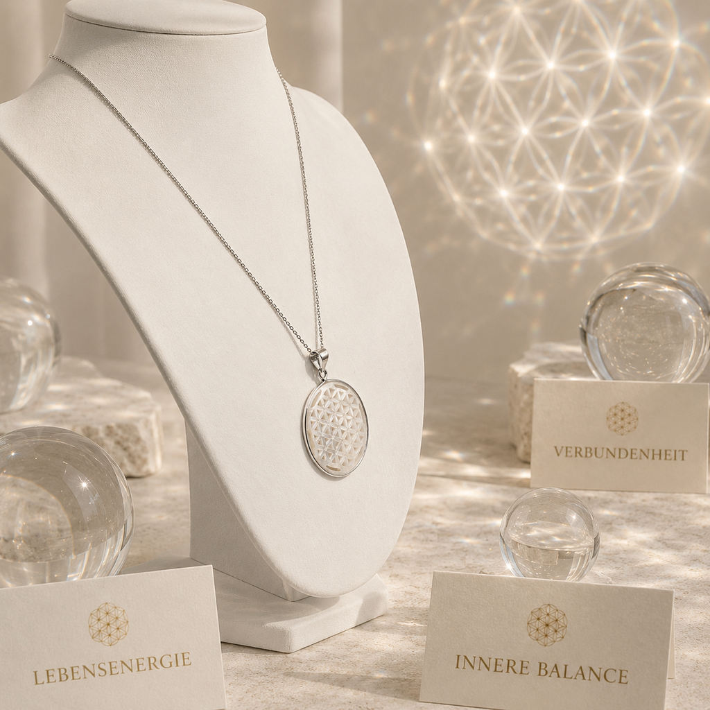 Damen Kette mit Anhänger Perlmutt Blume des Lebens Silber seitlich by DAVUTA