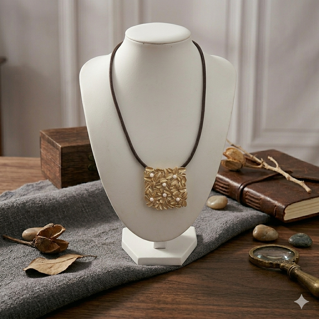 Damen Kette mit Anhänger Quadrat mit Lederband an Büste by DAVUTA