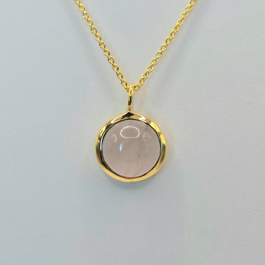Damen Kette mit Anhänger Rosenquarz rund Silber vergoldet clean nah by DAVUTA