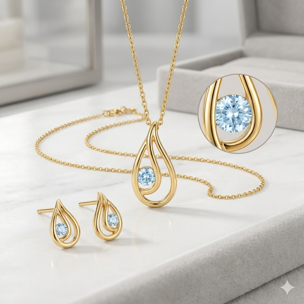 Damen Kette mit Anhänger Tropfen Gold mit Blauem Topas Setbild by DAVUTA