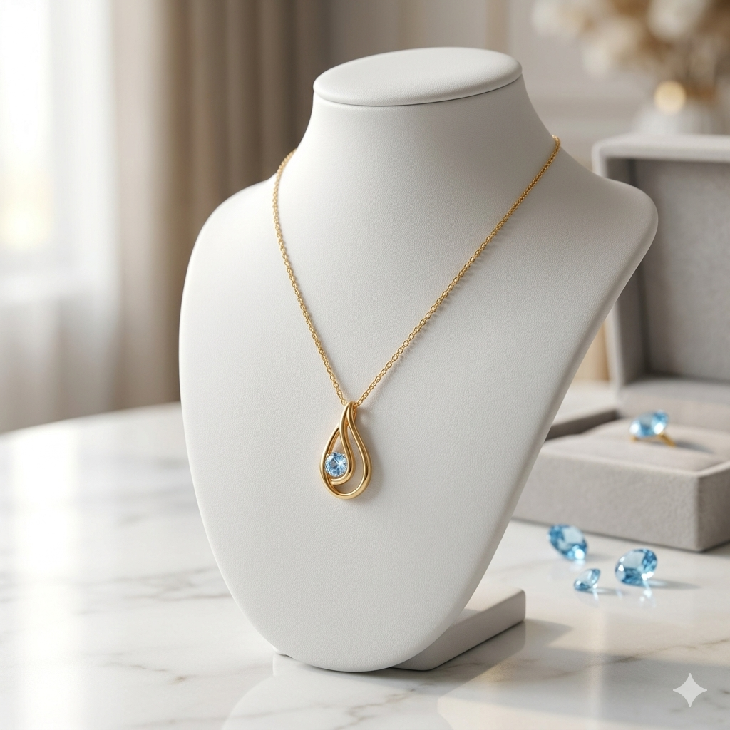 Damen Kette mit Anhänger Tropfen Gold mit Blauem Topas an Büste by DAVUTA