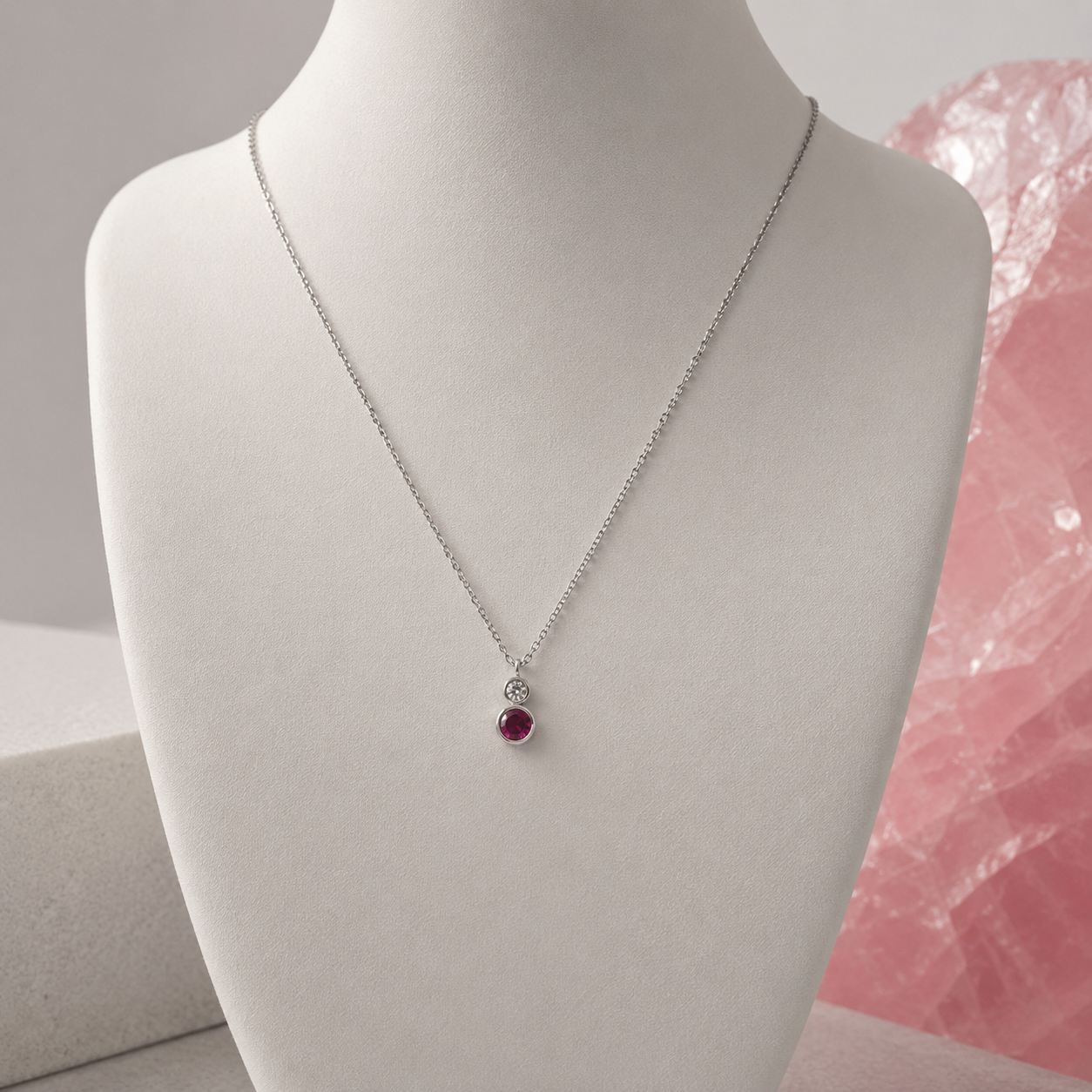 Damen Kette mit Anhänger Zirkonia Rosa Weiß in Silber an Büste by DAVUTA